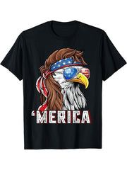 Merica USA American Flag Patriotic 4th of July Bald Eagle T-Shirt 180G 100% Cotton Printed Round Neck Short-Sleeve T-Shirt, Gifts for Men Dad Husband Grandpa, S-XXXL, Black