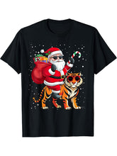 Santa Claus Riding A Tiger Christmas Boy Girl Boy Girl T-Shirt 180G 100% Cotton Printed Round Neck Short-Sleeve T-Shirt, Gifts for Men Dad Husband Grandpa, S-XXXL, Black
