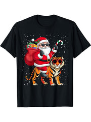 Santa Claus Riding A Tiger Christmas Boy Girl Boy Girl T-Shirt 180G 100% Cotton Printed Round Neck Short-Sleeve T-Shirt, Gifts for Men Dad Husband Grandpa, S-XXXL, Black