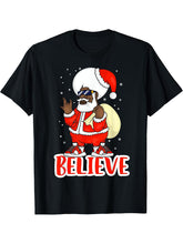 Believe in Black Melanin Santa - Funny Hip Hop Rap Christmas T-Shirt 180G 100% Cotton Printed Round Neck Short-Sleeve T-Shirt, Gifts for Men Dad Husband Grandpa, S-XXXL, Black