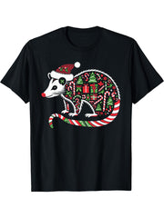Christmas Tree Candy Possum Santa Christmas Womens Mens Boy Girl T-Shirt 180G 100% Cotton Printed Round Neck Short-Sleeve T-Shirt, Gifts for Men Dad Husband Grandpa, S-XXXL, Black