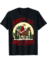 Giddy Up Jingle Horse Pick Up Your Feet Santa Riding' Horse T-Shirt 180G 100% Cotton Printed Round Neck Short-Sleeve T-Shirt, Gifts for Men Dad Husband Grandpa, S-XXXL, Black