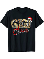 Grandma Christmas Santa Hat Gigi Claus Leopard Buffalo Plaid T-Shirt 180G 100% Cotton Printed Round Neck Short-Sleeve T-Shirt, Gifts for Men Dad Husband Grandpa, S-XXXL, Black