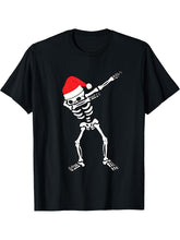Dabbing Skeleton With Santa Claus Hat Christmas Dab Dance T-Shirt 180G 100% Cotton Printed Round Neck Short-Sleeve T-Shirt, Gifts for Men Dad Husband Grandpa, S-XXXL, Black