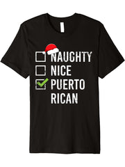 Naughty Nice Puerto Rican T-Shirt Rico Christmas Santa Gift 180G 100% Cotton Printed Round Neck Short-Sleeve T-Shirt, Gifts for Men Dad Husband Grandpa, S-XXXL, Black