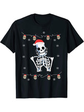 Xmas Ugly Christmas Skull Apprel Skeleton with Santa hat T-Shirt 180G 100% Cotton Printed Round Neck Short-Sleeve T-Shirt, Gifts for Men Dad Husband Grandpa, S-XXXL, Black