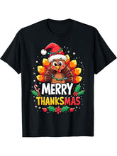 Turkey Santa Happy Merry Thanksmas Thanksgiving Christmas T-Shirt 180G 100% Cotton Printed Round Neck Short-Sleeve T-Shirt, Gifts for Men Dad Husband Grandpa, S-XXXL, Black