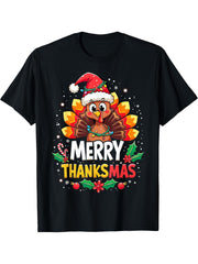 Turkey Santa Happy Merry Thanksmas Thanksgiving Christmas T-Shirt 180G 100% Cotton Printed Round Neck Short-Sleeve T-Shirt, Gifts for Men Dad Husband Grandpa, S-XXXL, Black