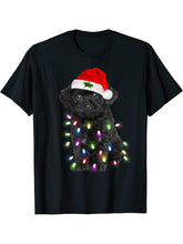 Black Poodle dog Santa Christmas Tree Lights Xmas Boys Dog T-Shirt 180G 100% Cotton Printed Round Neck Short-Sleeve T-Shirt, Gifts for Men Dad Husband Grandpa, S-XXXL, Black