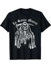 La Santa Muerte T-Shirt 180G 100% Cotton Printed Round Neck Short-Sleeve T-Shirt, Gifts for Men Dad Husband Grandpa, S-XXXL, Black