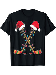 Hockey Santa Hat Christmas Lights Funny Sport Xmas men Boys T-Shirt 180G 100% Cotton Printed Round Neck Short-Sleeve T-Shirt, Gifts for Men Dad Husband Grandpa, S-XXXL, Black