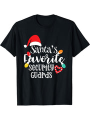Santa's Favorite Security Guards Christmas Lights Santa Hat T-Shirt 180G 100% Cotton Printed Round Neck Short-Sleeve T-Shirt, Gifts for Men Dad Husband Grandpa, S-XXXL, Black