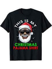 African American Santa Claus Christmas Pajama Shirt MenWomen T-Shirt 180G 100% Cotton Printed Round Neck Short-Sleeve T-Shirt, Gifts for Men Dad Husband Grandpa, S-XXXL, Black