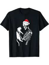 Skeleton Holding Cat Christmas Pajama Santa Hat Xmas Holiday T-Shirt 180G 100% Cotton Printed Round Neck Short-Sleeve T-Shirt, Gifts for Men Dad Husband Grandpa, S-XXXL, Black