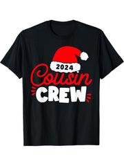 Funny Cousin Crew Santa Hat Matching Christmas Family Group T-Shirt 180G 100% Cotton Printed Round Neck Short-Sleeve T-Shirt, Gifts for Men Dad Husband Grandpa, S-XXXL, Black
