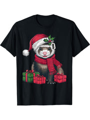 Xmas Holiday Santa Ferret Christmas T-Shirt 180G 100% Cotton Printed Round Neck Short-Sleeve T-Shirt, Gifts for Men Dad Husband Grandpa, S-XXXL, Black