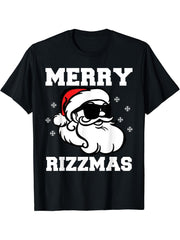 Merry Rizzmas Funny Santa Claus Rizz Funny W Rizz T-Shirt 180G 100% Cotton Printed Round Neck Short-Sleeve T-Shirt, Gifts for Men Dad Husband Grandpa, S-XXXL, Black