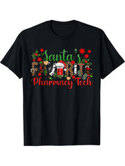 Retro Santa's Favorite Pharmacy Tech Christmas Pharmacist T-Shirt 180G 100% Cotton Printed Round Neck Short-Sleeve T-Shirt, Gifts for Men Dad Husband Grandpa, S-XXXL, Black