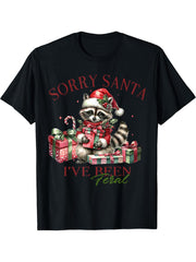Sorry Santa I've Been Feral Funny Raccoon Christmas Lights T-Shirt 180G 100% Cotton Printed Round Neck Short-Sleeve T-Shirt, Gifts for Men Dad Husband Grandpa, S-XXXL, Black