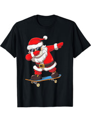 Dabbing Santa Claus Boy Girl Boys Skate Skateboard Christmas T-Shirt 180G 100% Cotton Printed Round Neck Short-Sleeve T-Shirt, Gifts for Men Dad Husband Grandpa, S-XXXL, Black