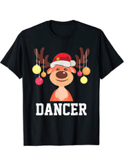 Funny Santa Reindeer Dancer Christmas Group Costume T-Shirt 180G 100% Cotton Printed Round Neck Short-Sleeve T-Shirt, Gifts for Men Dad Husband Grandpa, S-XXXL, Black
