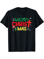 Merry Christmas Christian Jesus Christ PJs Xmas Pajamas T-Shirt 180G 100% Cotton Printed Round Neck Short-Sleeve T-Shirt, Gifts for Men Dad Husband Grandpa, S-XXXL, Black