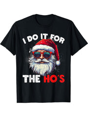 Funny Christmas Santa Claus I Do It For The Hos Cute Xmas T-Shirt 180G 100% Cotton Printed Round Neck Short-Sleeve T-Shirt, Gifts for Men Dad Husband Grandpa, S-XXXL, Black