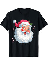 Vintage Pink Santa Claus Pink Christmas Design Men Women Boy Girl T-Shirt 180G 100% Cotton Printed Round Neck Short-Sleeve T-Shirt, Gifts for Men Dad Husband Grandpa, S-XXXL, Black