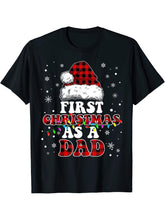 First Christmas As A Dad Santa Hat Red Plaid Buffalo T-Shirt 180G 100% Cotton Printed Round Neck Short-Sleeve T-Shirt, Gifts for Men Dad Husband Grandpa, S-XXXL, Black