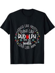 Retro Dance Like Frosty Shine like Rudolph Give Like Santa T-Shirt 180G 100% Cotton Printed Round Neck Short-Sleeve T-Shirt, Gifts for Men Dad Husband Grandpa, S-XXXL, Black
