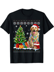 Ugly Labrador Retriever Dog Santa Hat Christmas Tree Light T-Shirt 180G 100% Cotton Printed Round Neck Short-Sleeve T-Shirt, Gifts for Men Dad Husband Grandpa, S-XXXL, Black