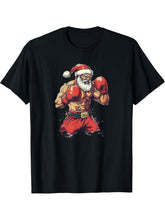 Santa Claus Boxing and Muay Thai T-Shirt 180G 100% Cotton Printed Round Neck Short-Sleeve T-Shirt, Gifts for Men Dad Husband Grandpa, S-XXXL, Black