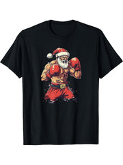 Santa Claus Boxing and Muay Thai T-Shirt 180G 100% Cotton Printed Round Neck Short-Sleeve T-Shirt, Gifts for Men Dad Husband Grandpa, S-XXXL, Black