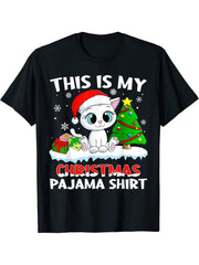 This Is My Christmas Pajama Shirt Cat Santa Gift Women Boy Girl T-Shirt 180G 100% Cotton Printed Round Neck Short-Sleeve T-Shirt, Gifts for Men Dad Husband Grandpa, S-XXXL, Black
