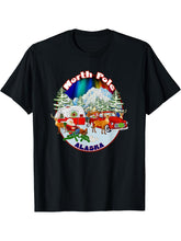 North Pole Alaska Camping Santa Aurora Borealis Souvenir T-Shirt 180G 100% Cotton Printed Round Neck Short-Sleeve T-Shirt, Gifts for Men Dad Husband Grandpa, S-XXXL, Black