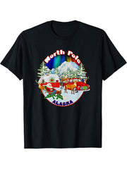 North Pole Alaska Camping Santa Aurora Borealis Souvenir T-Shirt 180G 100% Cotton Printed Round Neck Short-Sleeve T-Shirt, Gifts for Men Dad Husband Grandpa, S-XXXL, Black