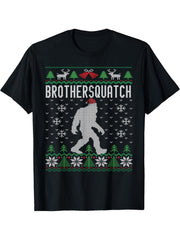 Ugly Christmas Family Sasquatch Brother T-shirt T-Shirt 180G 100% Cotton Printed Round Neck Short-Sleeve T-Shirt, Gifts for Men Dad Husband Grandpa, S-XXXL, Black