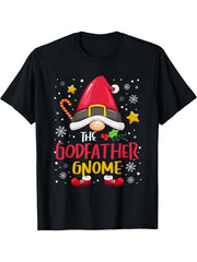 Godfather Gnome Christmas Santa Claus Xmas Family Pajamas T-Shirt 180G 100% Cotton Printed Round Neck Short-Sleeve T-Shirt, Gifts for Men Dad Husband Grandpa, S-XXXL, Black