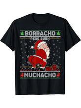 Borracho pero buen muchacho Funny Santa Claus Spanish T-Shirt 180G 100% Cotton Printed Round Neck Short-Sleeve T-Shirt, Gifts for Men Dad Husband Grandpa, S-XXXL, Black