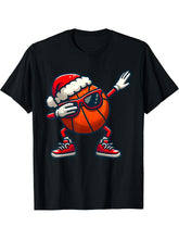 Basketball Ball Dabbing Christmas Santa Hat Player Pajamas T-Shirt 180G 100% Cotton Printed Round Neck Short-Sleeve T-Shirt, Gifts for Men Dad Husband Grandpa, S-XXXL, Black