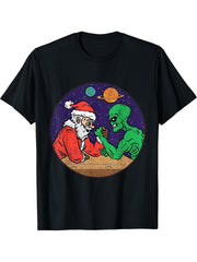 Santa Alien Arm Wrestling Christmas Pajama Funny X-Mas UFO T-Shirt 180G 100% Cotton Printed Round Neck Short-Sleeve T-Shirt, Gifts for Men Dad Husband Grandpa, S-XXXL, Black
