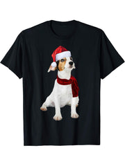 Cute Jack Russell Shirt Santa Hat Scarf Funny Christmas Gift T-Shirt 180G 100% Cotton Printed Round Neck Short-Sleeve T-Shirt, Gifts for Men Dad Husband Grandpa, S-XXXL, Black
