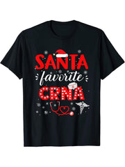 Santa favorite CRNA for christmas in hospital T-Shirt 180G 100% Cotton Printed Round Neck Short-Sleeve T-Shirt, Gifts for Men Dad Husband Grandpa, S-XXXL, Black