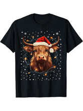 Cute Highland Cow Christmas Lights Santa Hat Xmas Pajama T-Shirt 180G 100% Cotton Printed Round Neck Short-Sleeve T-Shirt, Gifts for Men Dad Husband Grandpa, S-XXXL, Black