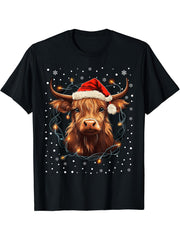 Cute Highland Cow Christmas Lights Santa Hat Xmas Pajama T-Shirt 180G 100% Cotton Printed Round Neck Short-Sleeve T-Shirt, Gifts for Men Dad Husband Grandpa, S-XXXL, Black