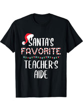 Santas Favorite Teacher's Aide Pajamas Christmas Xmas T-Shirt 180G 100% Cotton Printed Round Neck Short-Sleeve T-Shirt, Gifts for Men Dad Husband Grandpa, S-XXXL, Black
