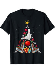 Funny Bowling Christmas Tree Ornament Decor Merry Christmas T-Shirt 180G 100% Cotton Printed Round Neck Short-Sleeve T-Shirt, Gifts for Men Dad Husband Grandpa, S-XXXL, Black