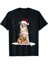Santa Australian Shepherd Christmas Light Pajama Dog X-mas T-Shirt 180G 100% Cotton Printed Round Neck Short-Sleeve T-Shirt, Gifts for Men Dad Husband Grandpa, S-XXXL, Black