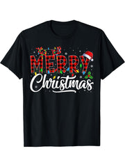 Merry Christmas Lights Santa Hat Xmas Family Men Women Boy Girl T-Shirt 180G 100% Cotton Printed Round Neck Short-Sleeve T-Shirt, Gifts for Men Dad Husband Grandpa, S-XXXL, Black