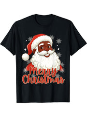 African American Santa Christmas Pajama Vintage Black X-Mas T-Shirt 180G 100% Cotton Printed Round Neck Short-Sleeve T-Shirt, Gifts for Men Dad Husband Grandpa, S-XXXL, Black
